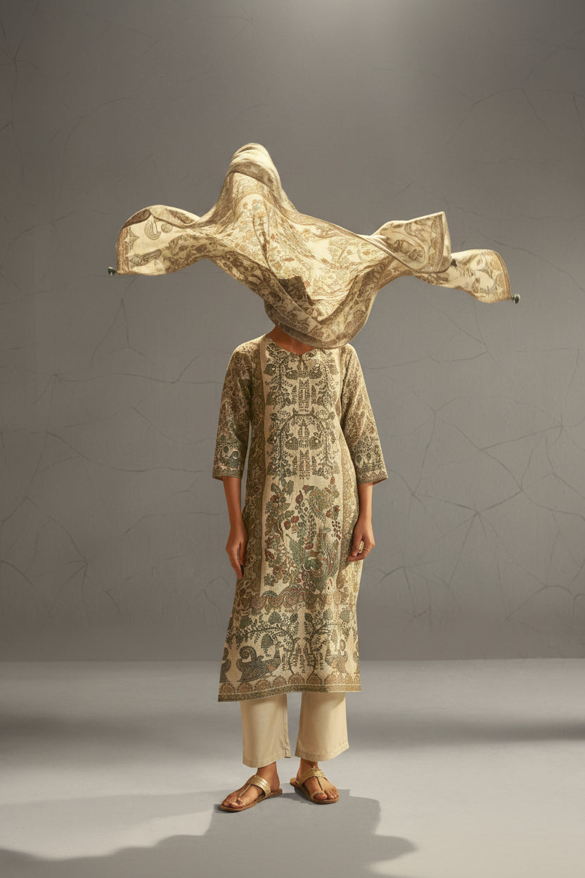 Warm CreamShimmer Linen Digital Print Kurta Set