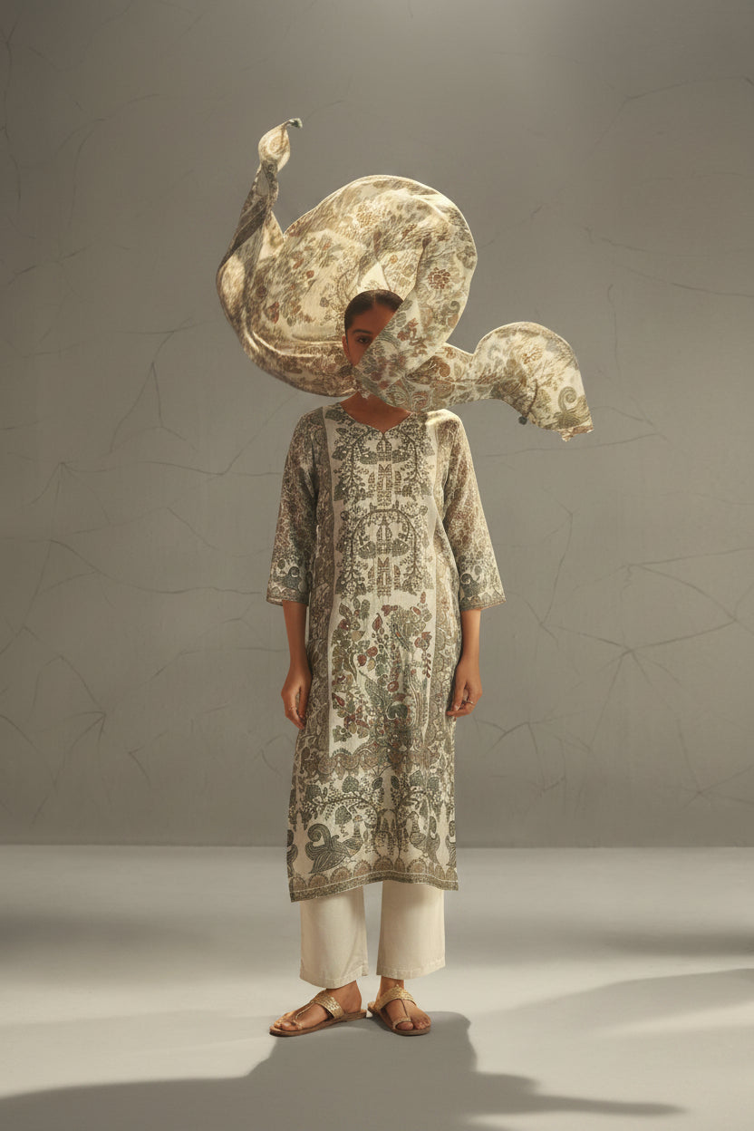 Warm CreamShimmer Linen Digital Print Kurta Set