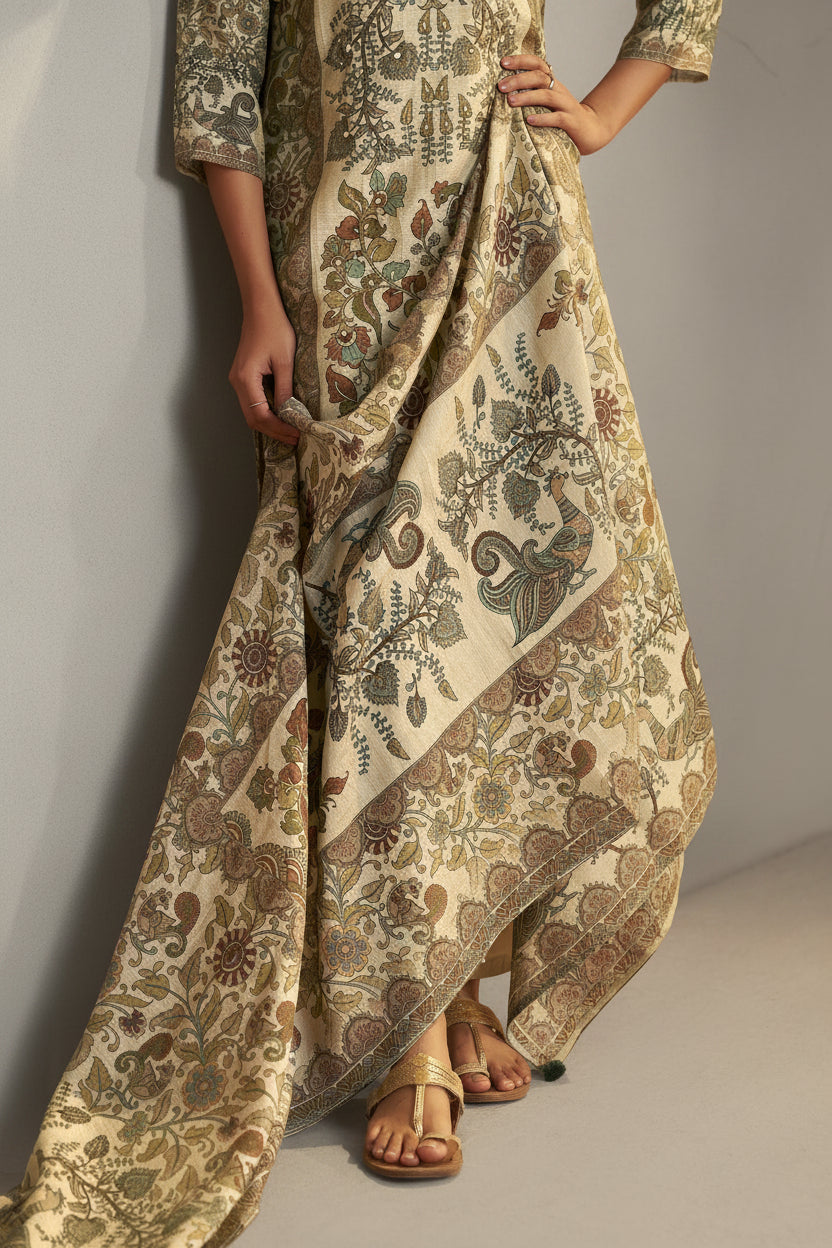 Warm CreamShimmer Linen Digital Print Kurta Set
