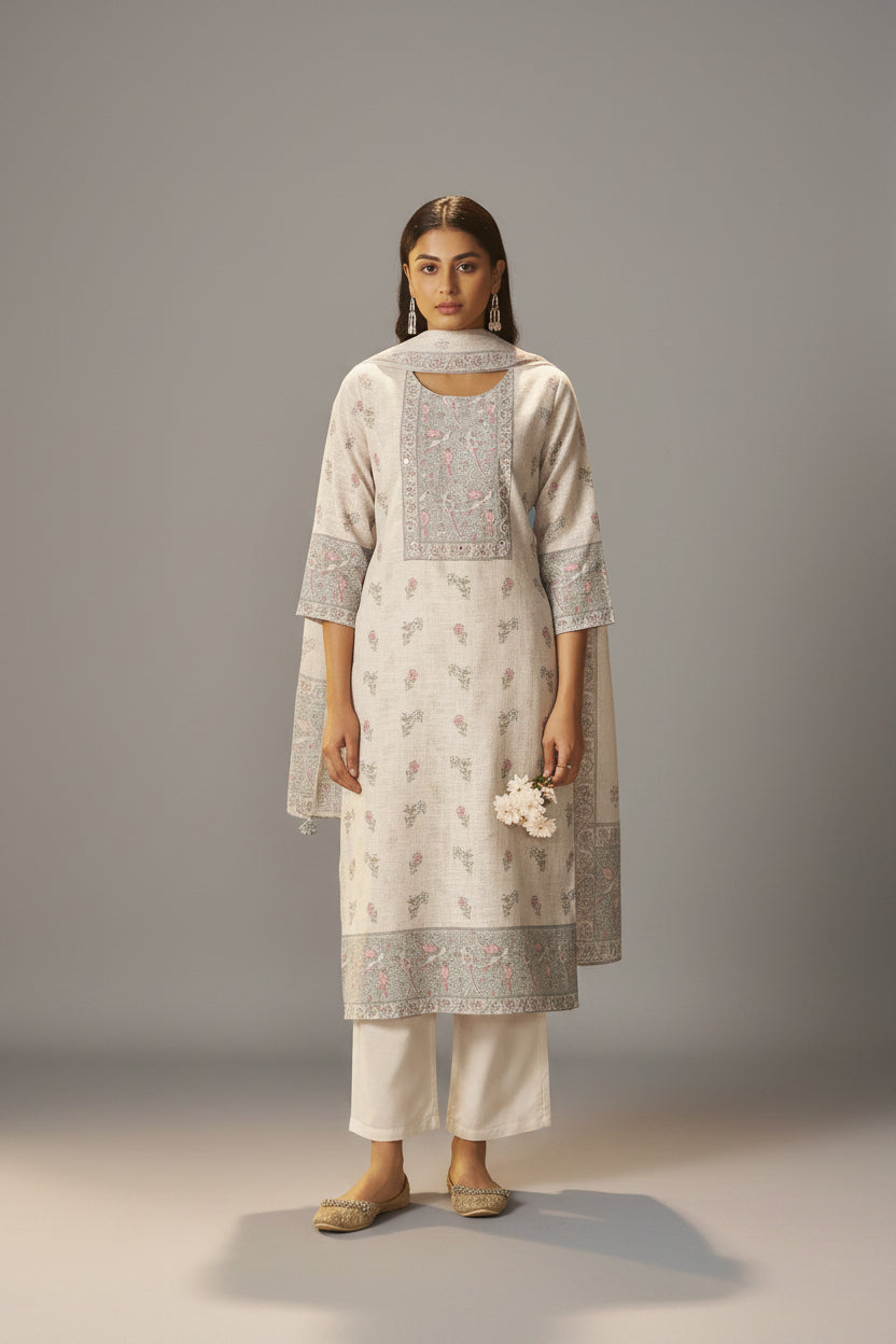 Cream Breeze Linen Cotton Kurta Set