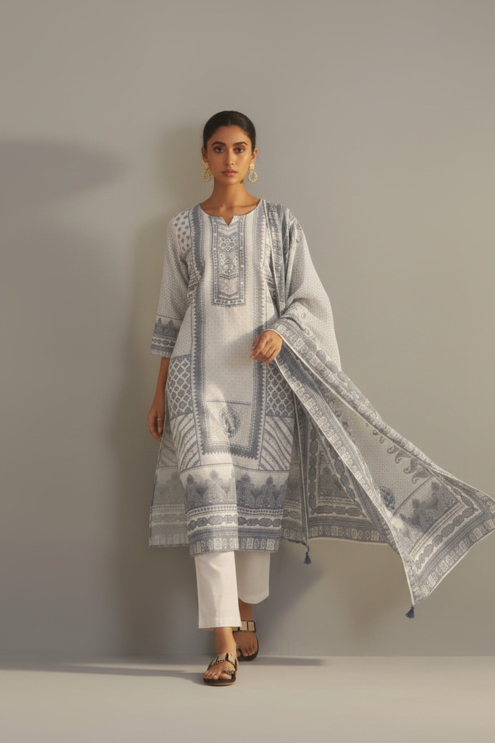 Slate Cream Linen Cotton Digital Print Kurta Set