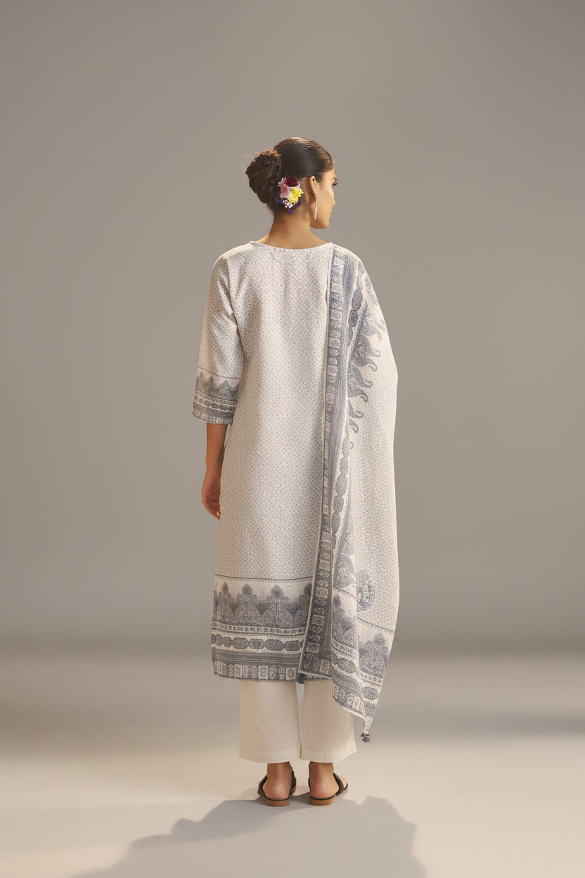 Slate Cream Linen Cotton Digital Print Kurta Set