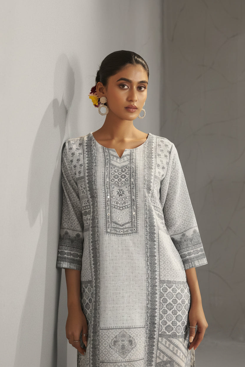 Slate Cream Linen Cotton Digital Print Kurta Set