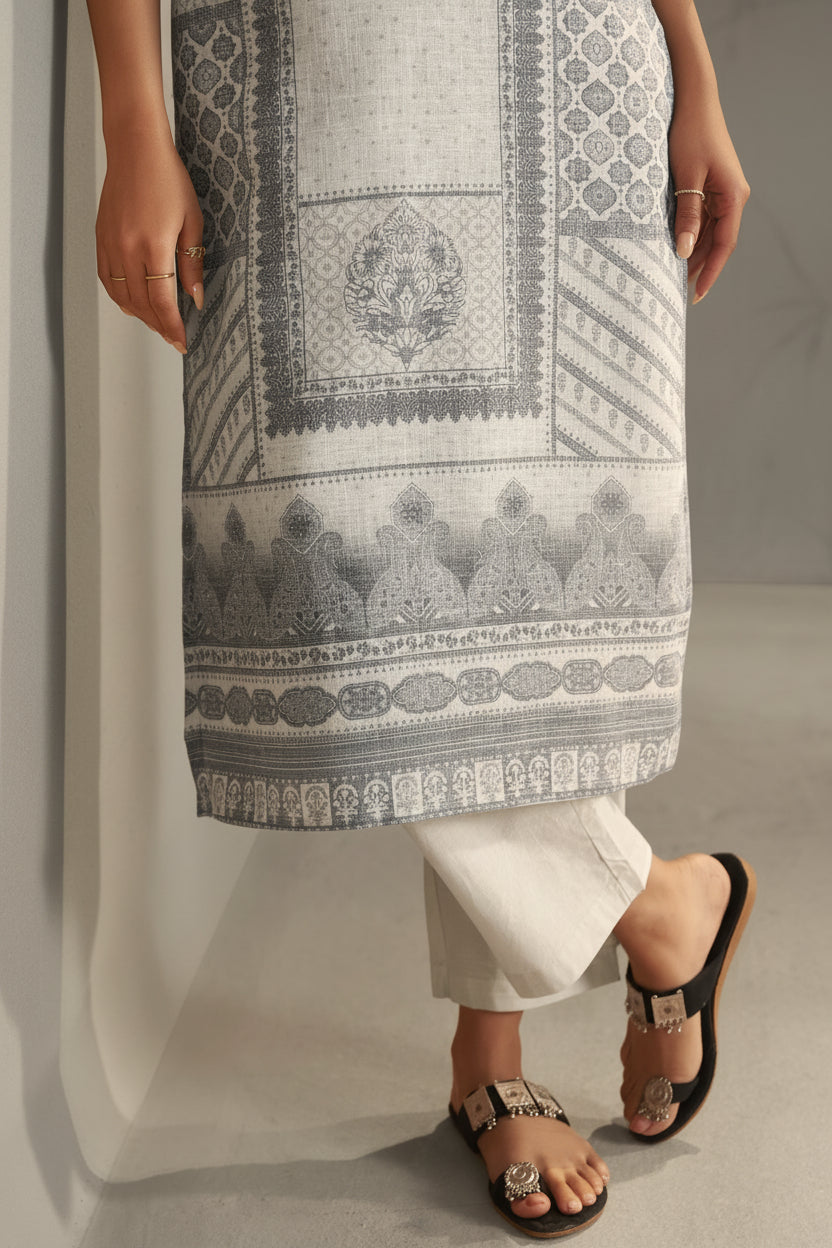 Slate Cream Linen Cotton Digital Print Kurta Set