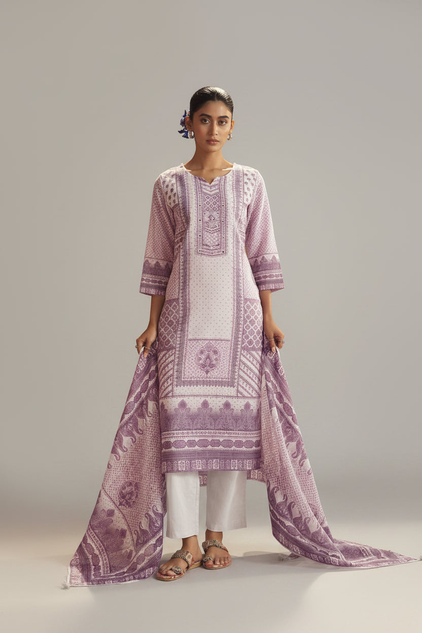 Light Blush Linen Cotton Digital Print Kurta Set