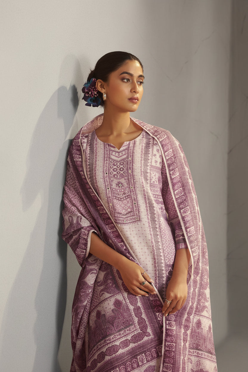 Light Blush Linen Cotton Digital Print Kurta Set