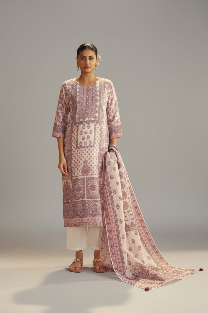 Light Blush Linen Cotton Digital Print Kurta Set