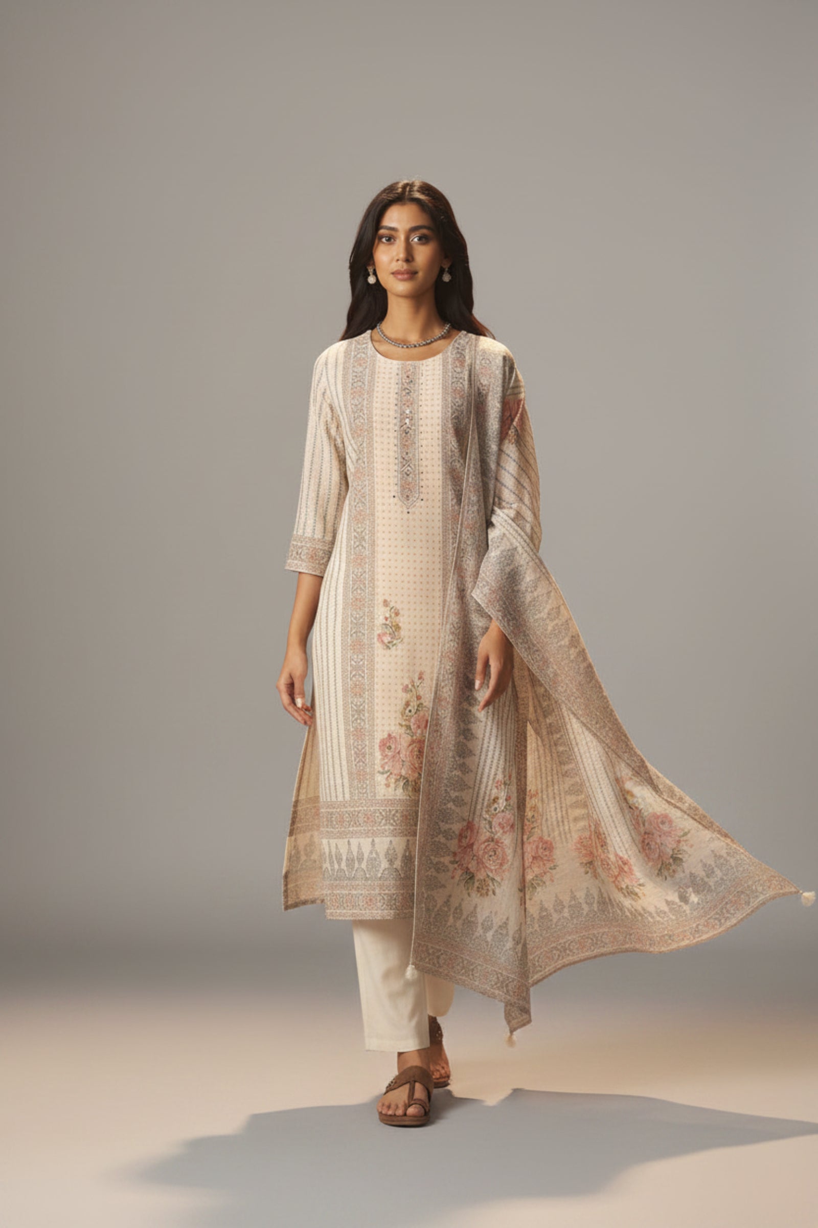 Pearl Cream Linen Cotton Digital Print Kurta Set