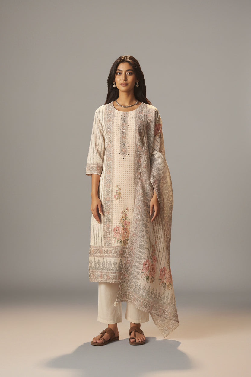 Pearl Cream Linen Cotton Digital Print Kurta Set