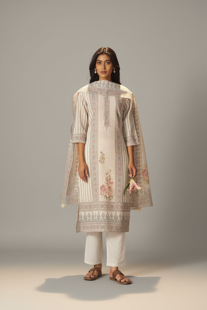 Pearl Cream Linen Cotton Digital Print Kurta Set