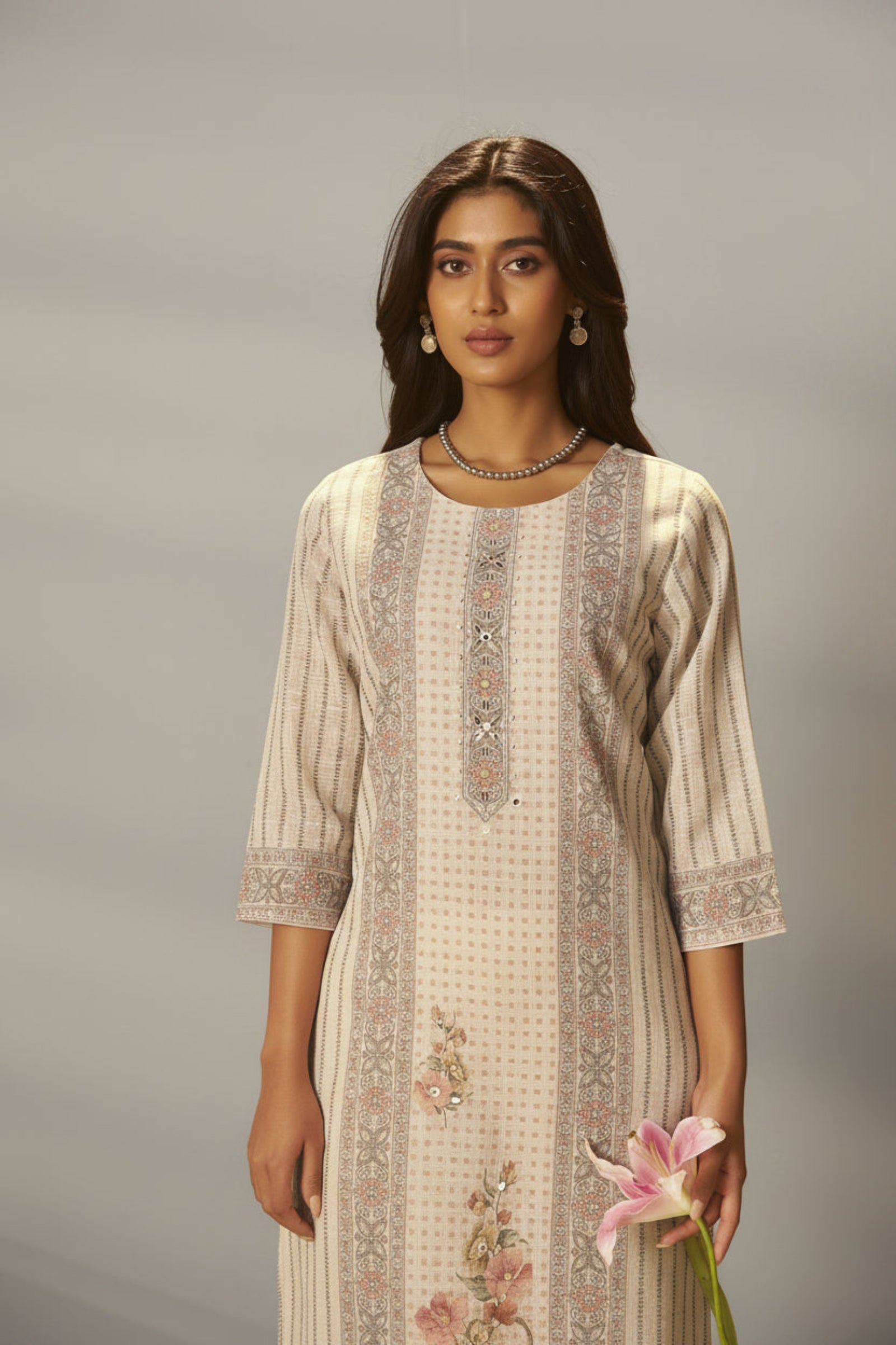Pearl Cream Linen Cotton Digital Print Kurta Set