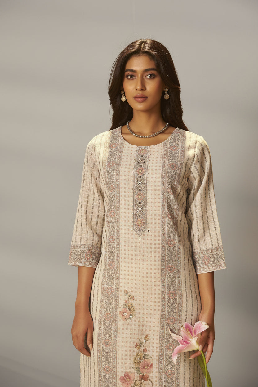 Pearl Cream Linen Cotton Digital Print Kurta Set