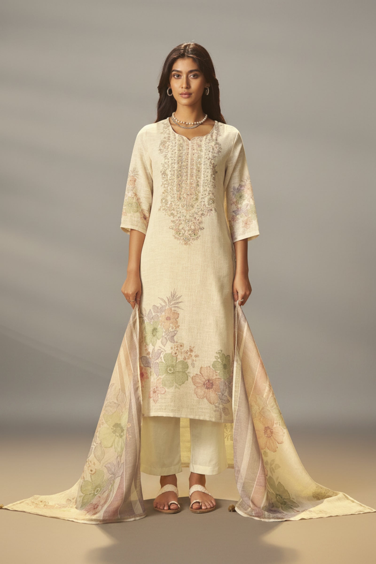 Ivory Cream Linen Cotton Printed Kurta Set