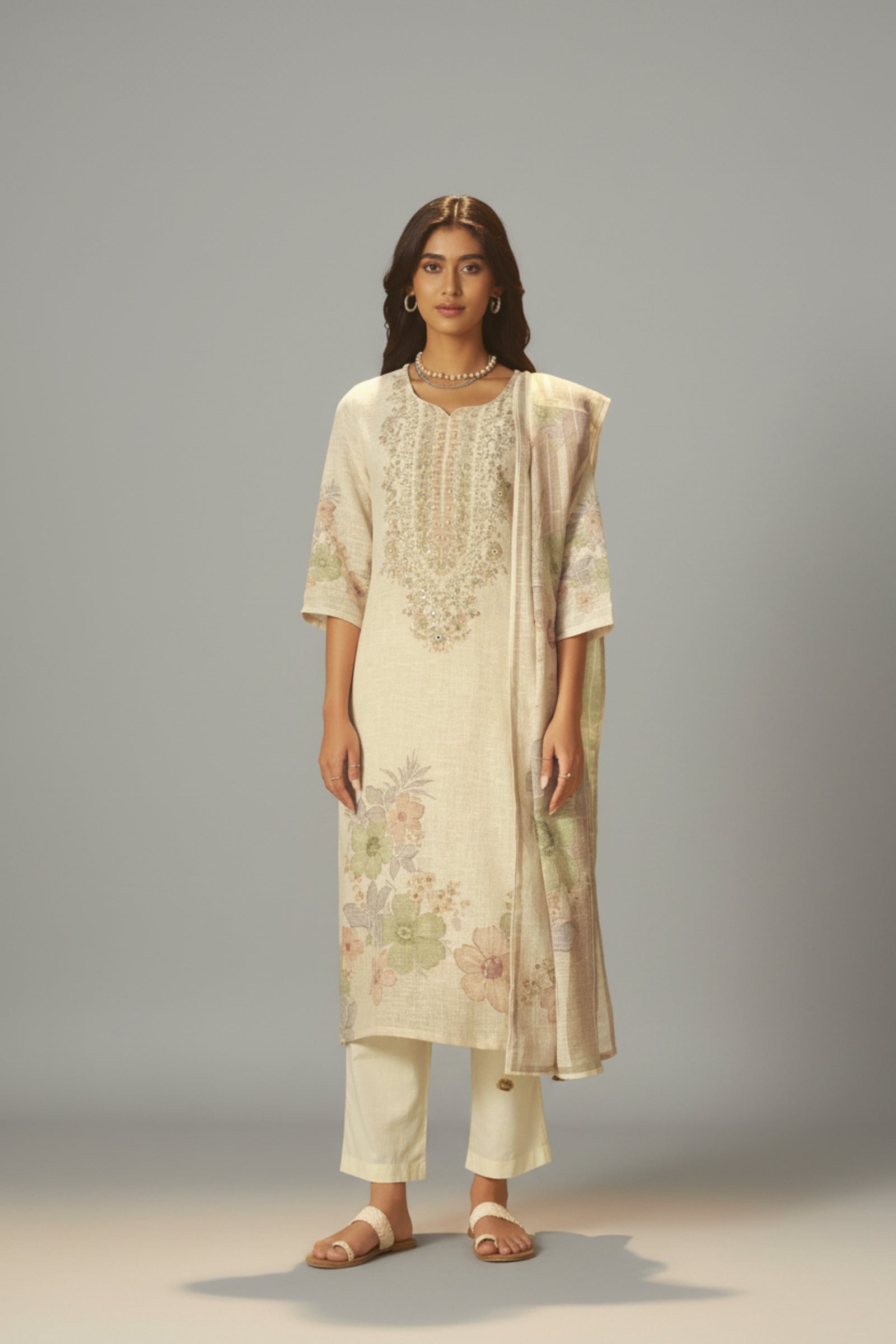 Ivory Cream Linen Cotton Printed Kurta Set