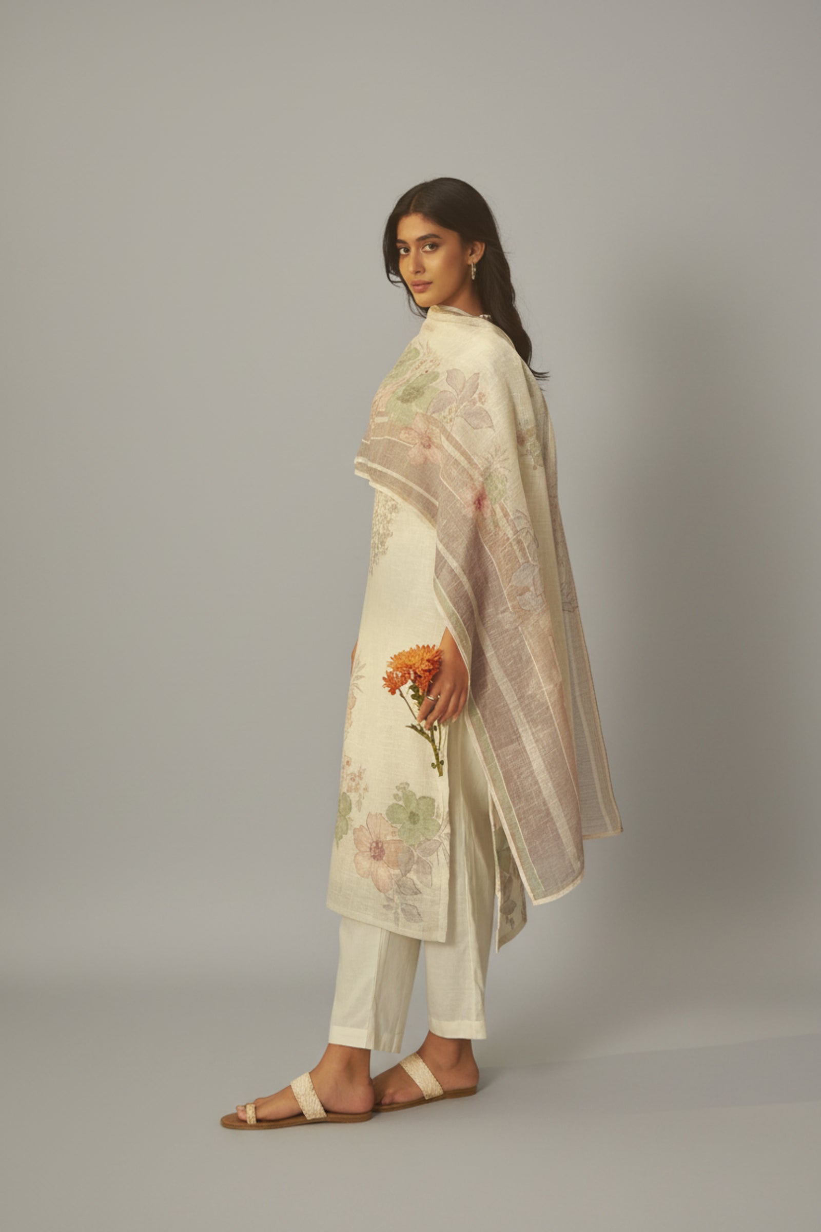 Ivory Cream Linen Cotton Printed Kurta Set