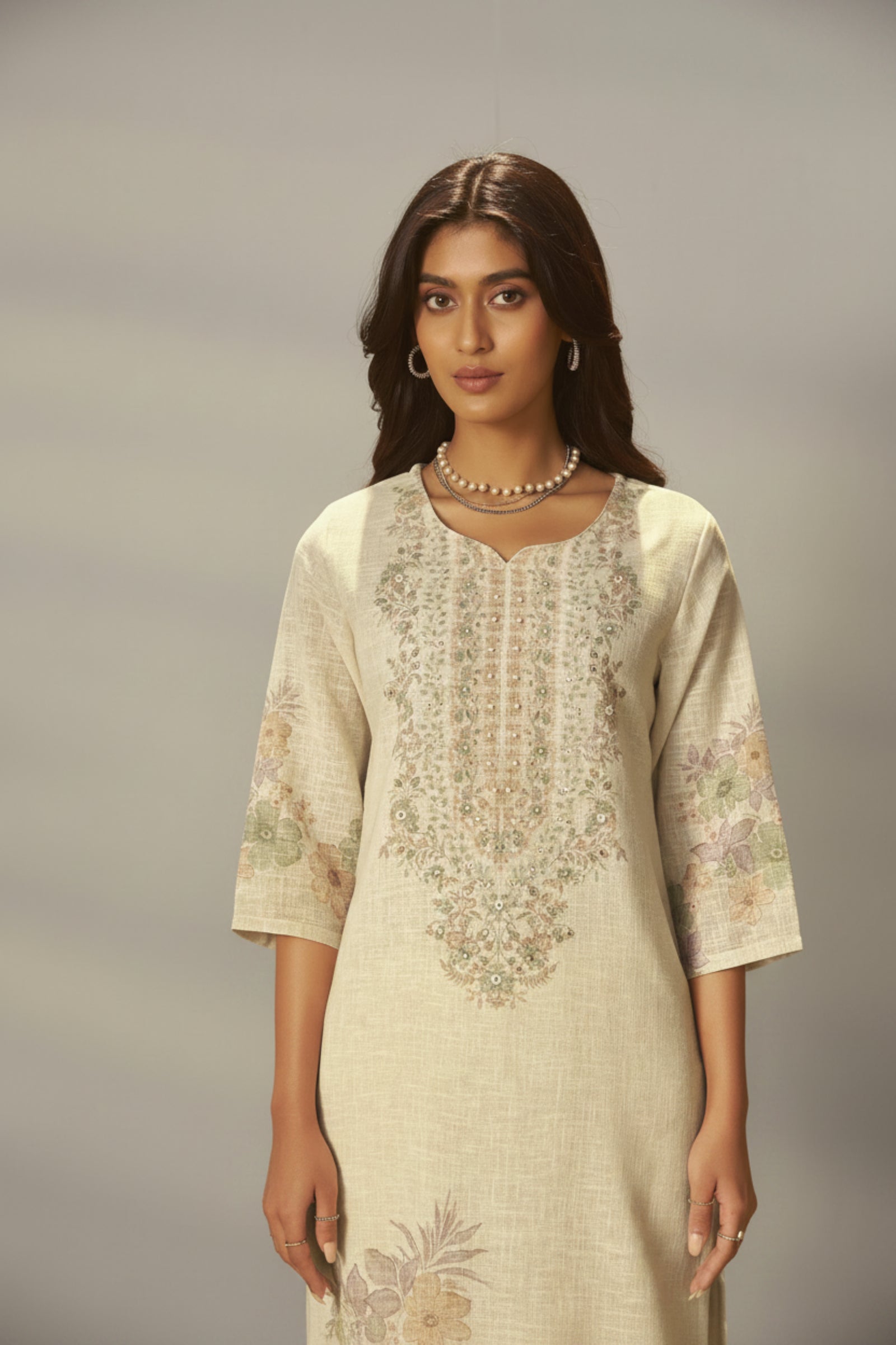 Ivory Cream Linen Cotton Printed Kurta Set