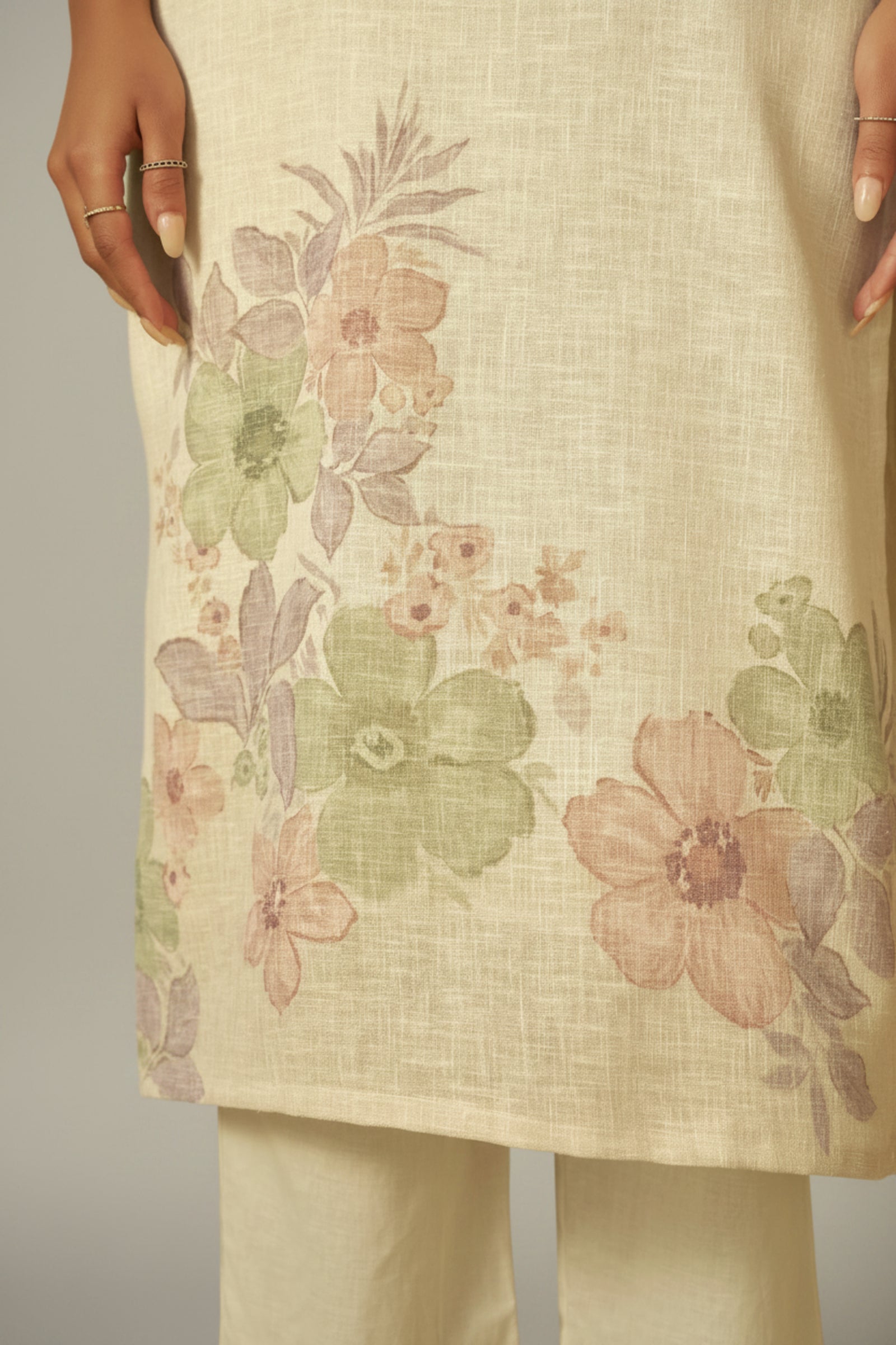 Ivory Cream Linen Cotton Printed Kurta Set