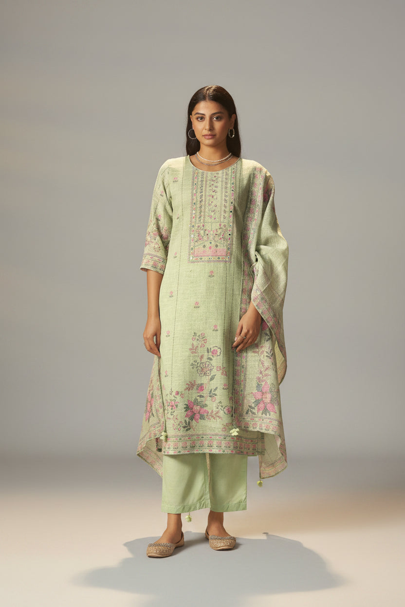 Sage Green Linen Cotton Printed Kurta Set