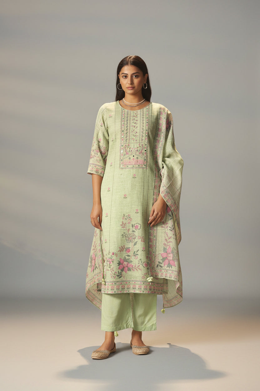 Sage Green Linen Cotton Printed Kurta Set