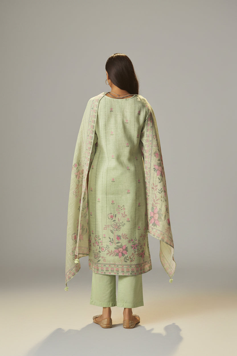 Sage Green Linen Cotton Printed Kurta Set