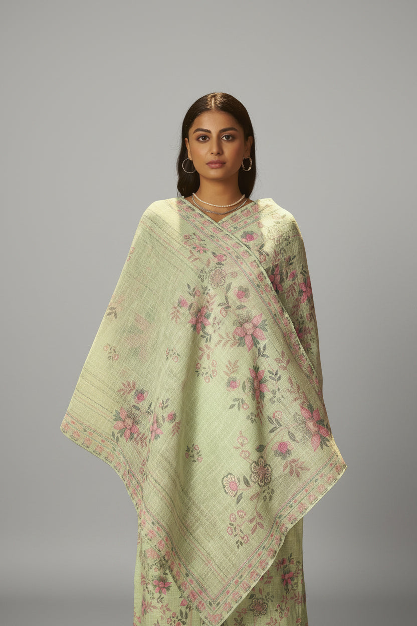 Sage Green Linen Cotton Printed Kurta Set