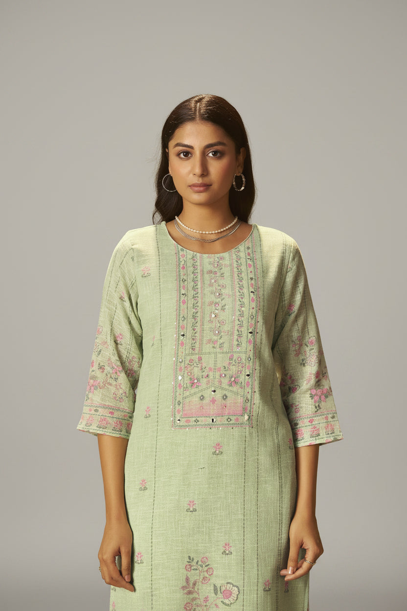 Sage Green Linen Cotton Printed Kurta Set