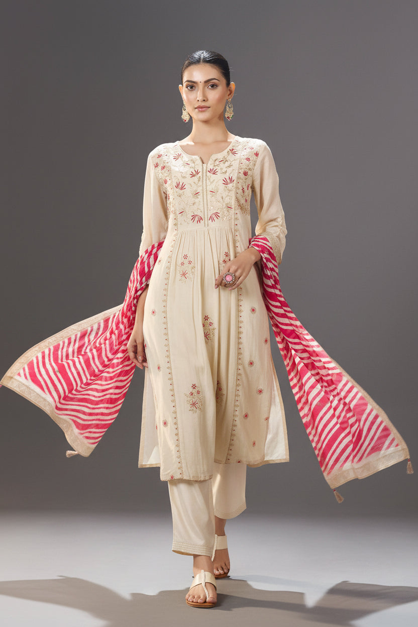 Ivory Blossom Embroidery Kurta Set with Leheriya Dupatta