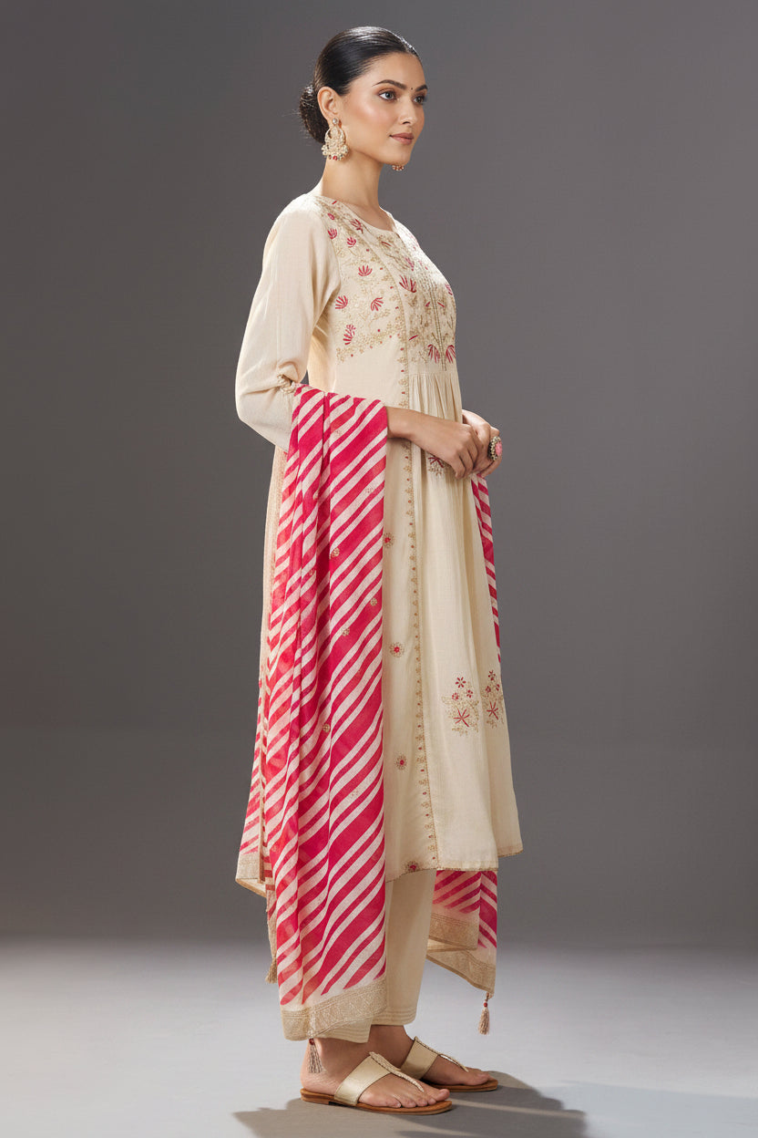 Ivory Blossom Embroidery Kurta Set with Leheriya Dupatta