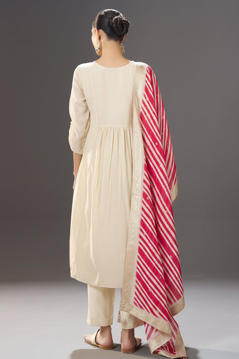 Ivory Blossom Embroidery Kurta Set with Leheriya Dupatta