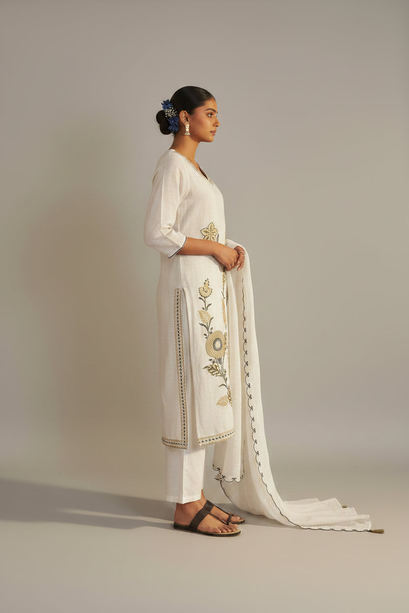 Pale Chambray Linen Cotton Jacquard Kurta Set