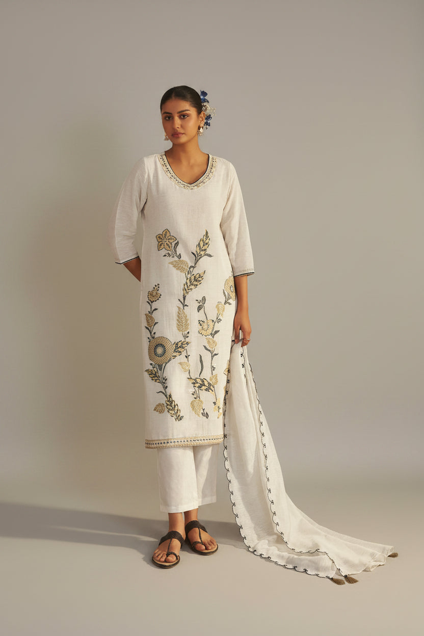 Pale Chambray Linen Cotton Jacquard Kurta Set