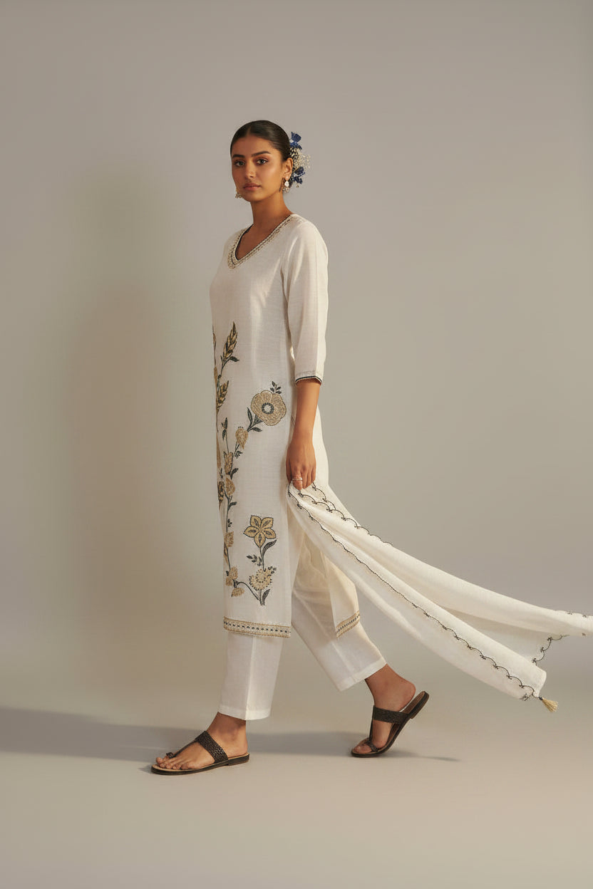 Pale Chambray Linen Cotton Jacquard Kurta Set