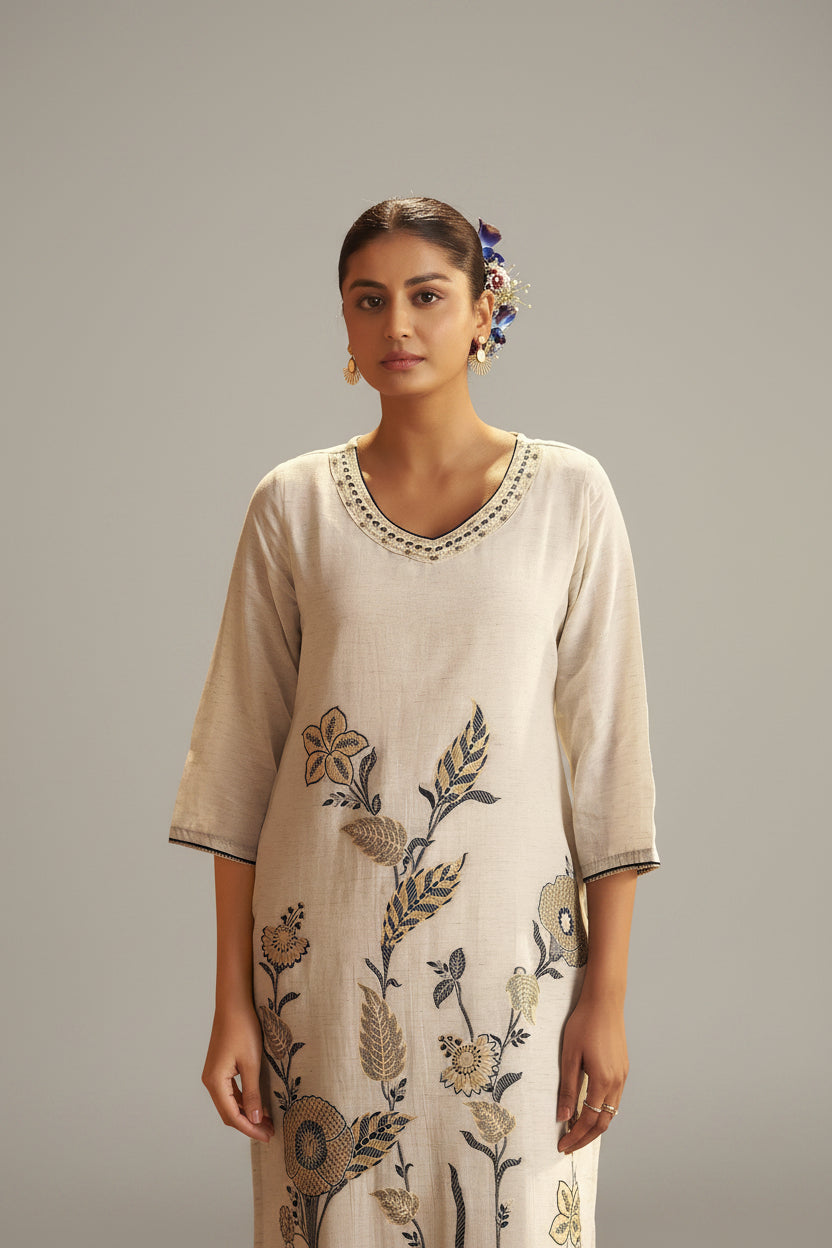 Pale Chambray Linen Cotton Jacquard Kurta Set