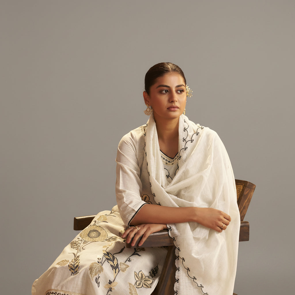 Pale Chambray Linen Cotton Jacquard Kurta Set