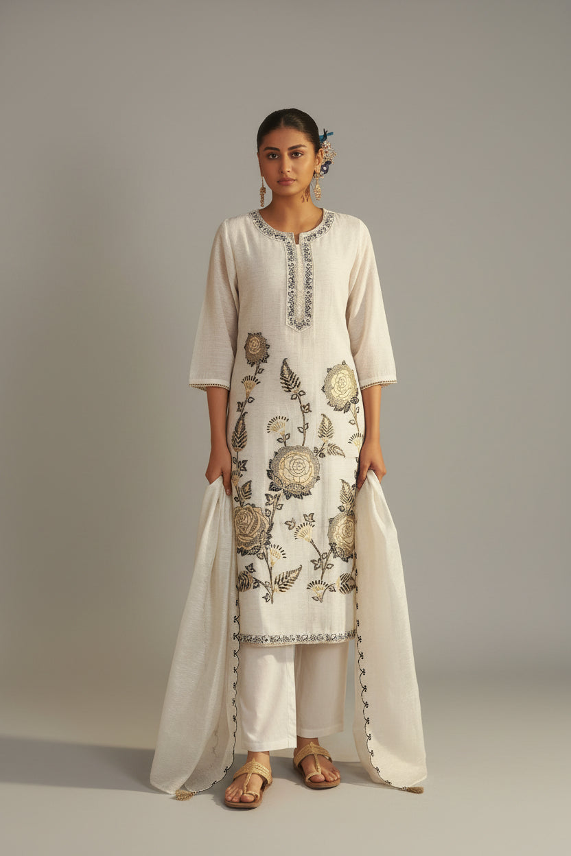 Greige White Linen Cotton Jacquard Kurta Set