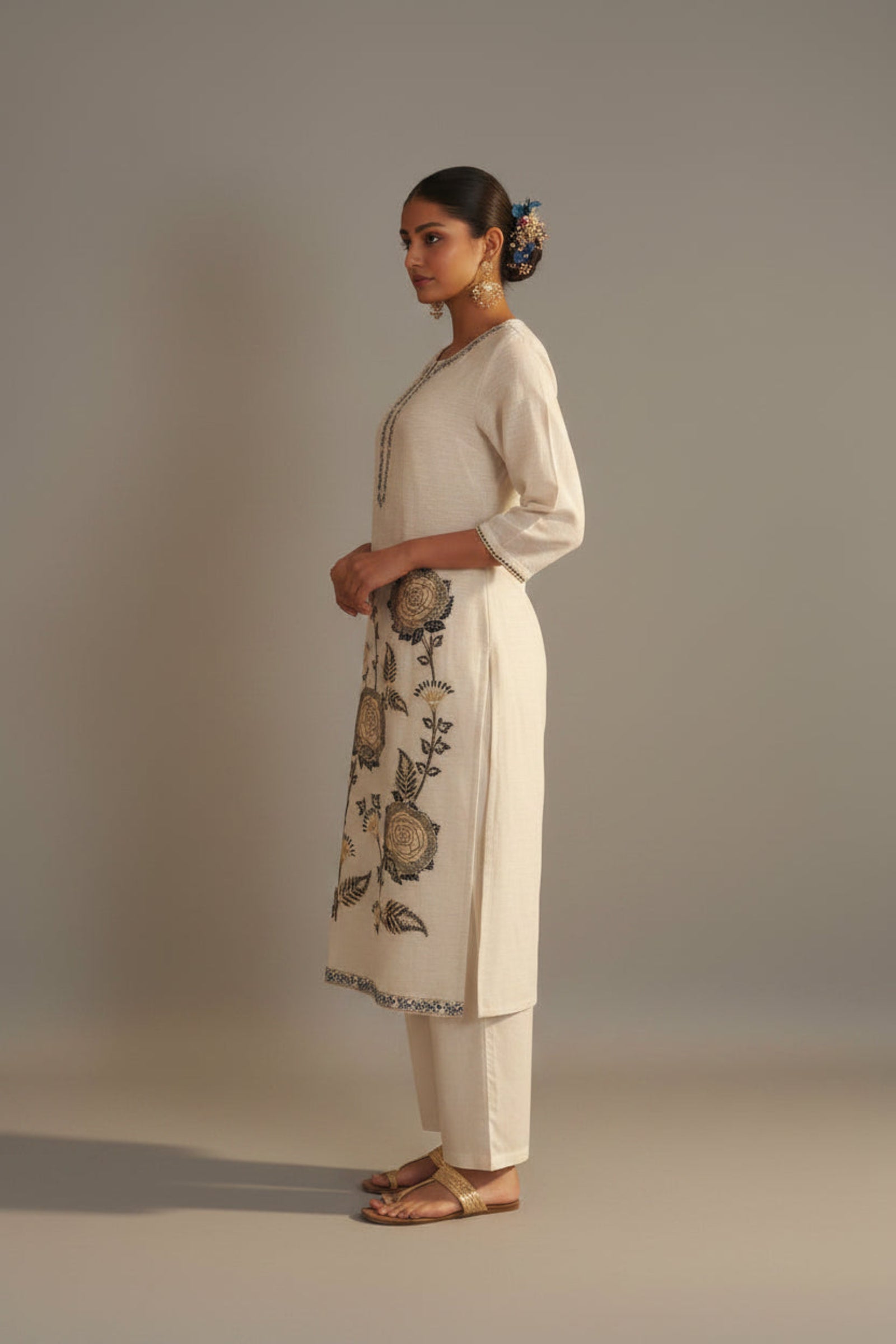 Greige White Linen Cotton Jacquard Kurta Set