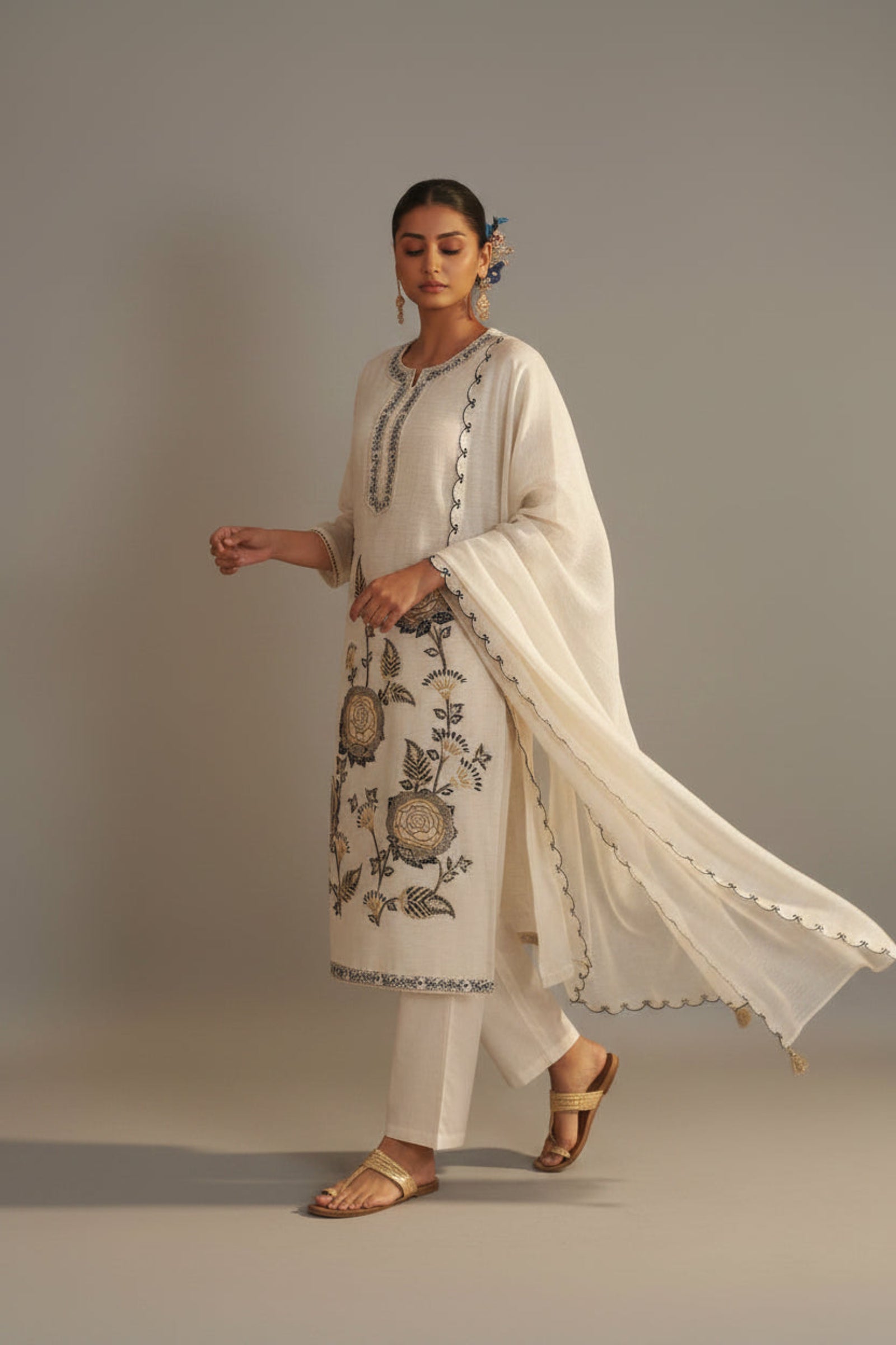 Greige White Linen Cotton Jacquard Kurta Set