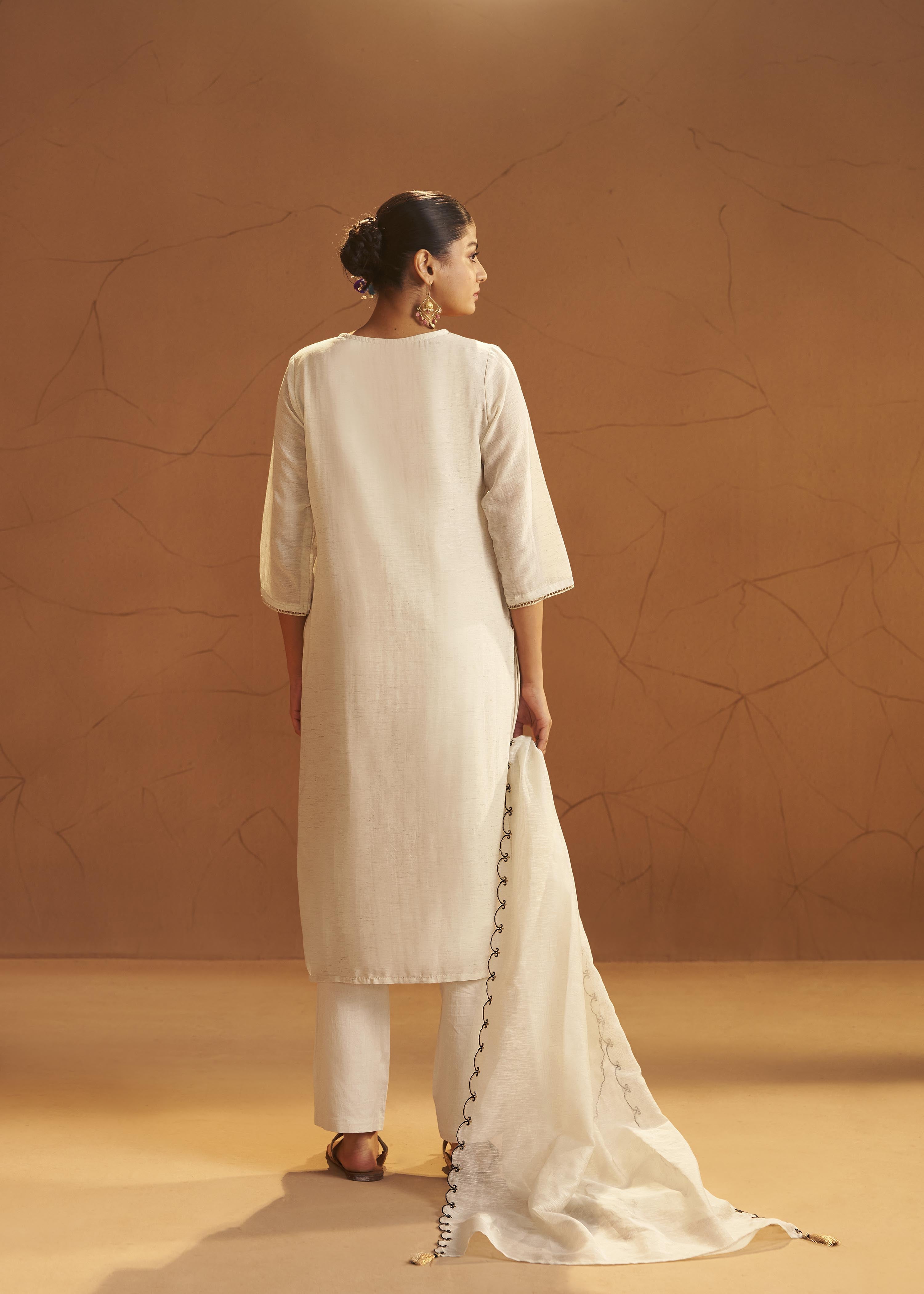 Greige White Linen Cotton Jacquard Kurta Set