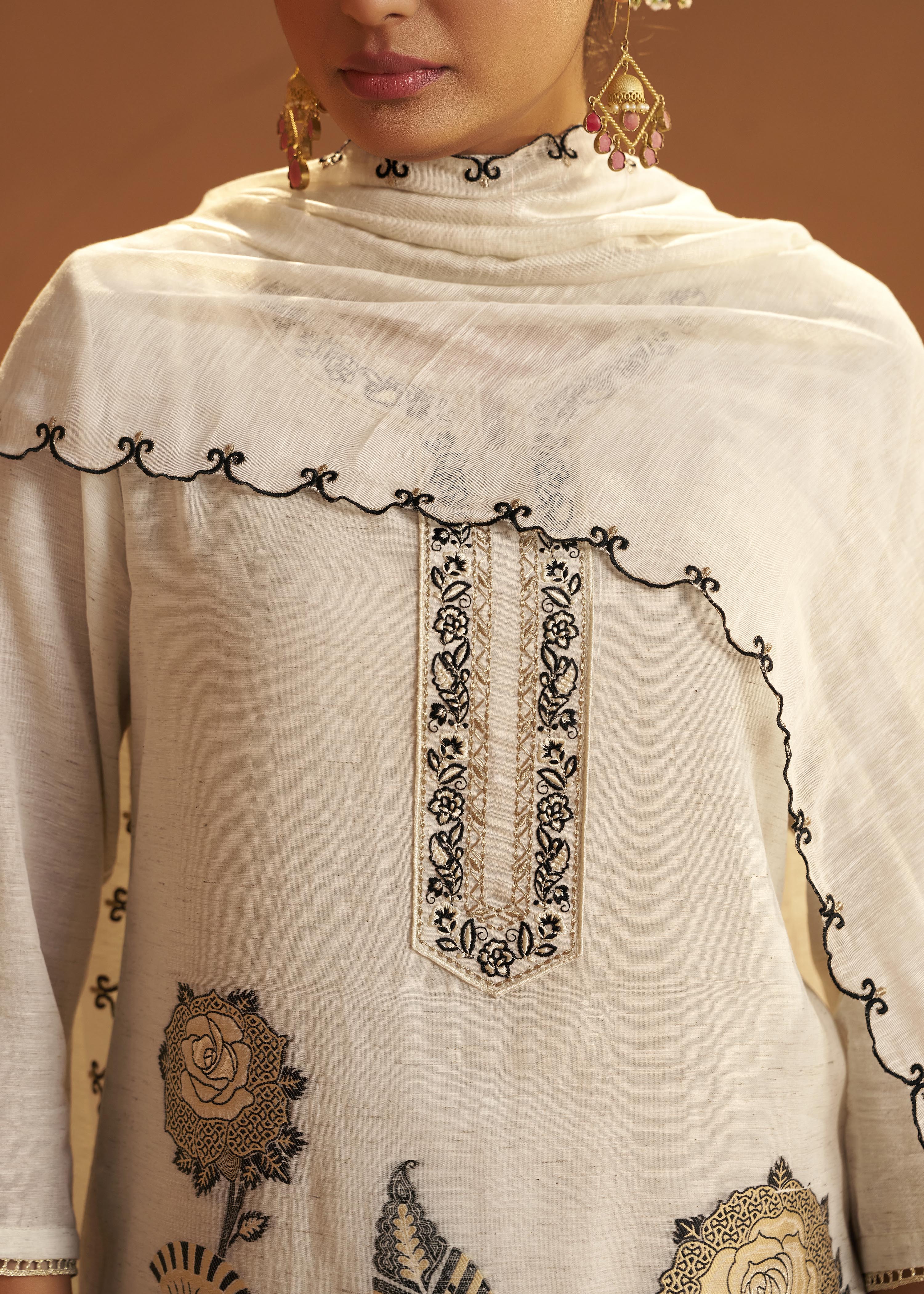 Greige White Linen Cotton Jacquard Kurta Set