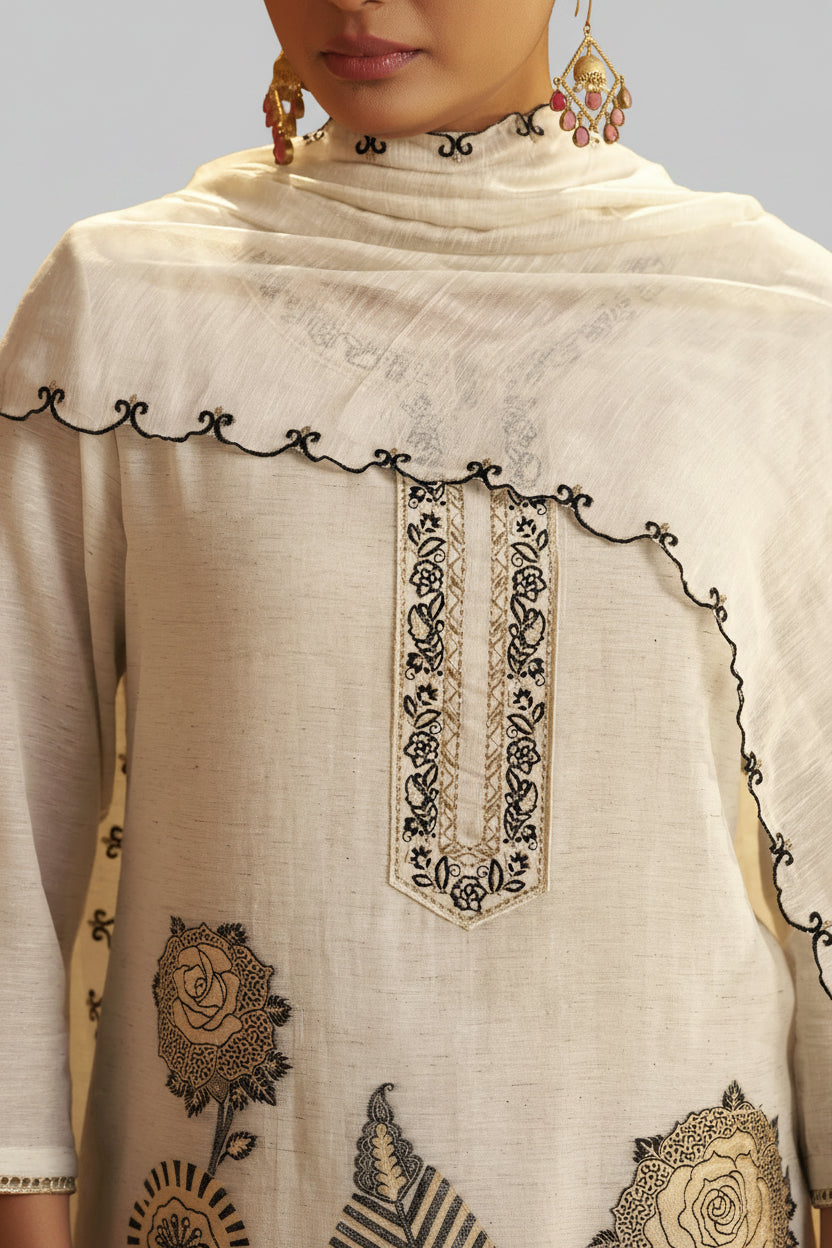 Greige White Linen Cotton Jacquard Kurta Set