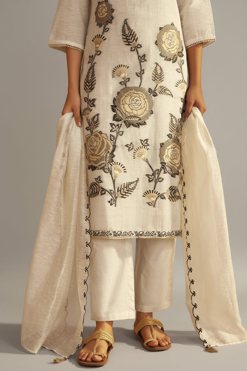 Greige White Linen Cotton Jacquard Kurta Set