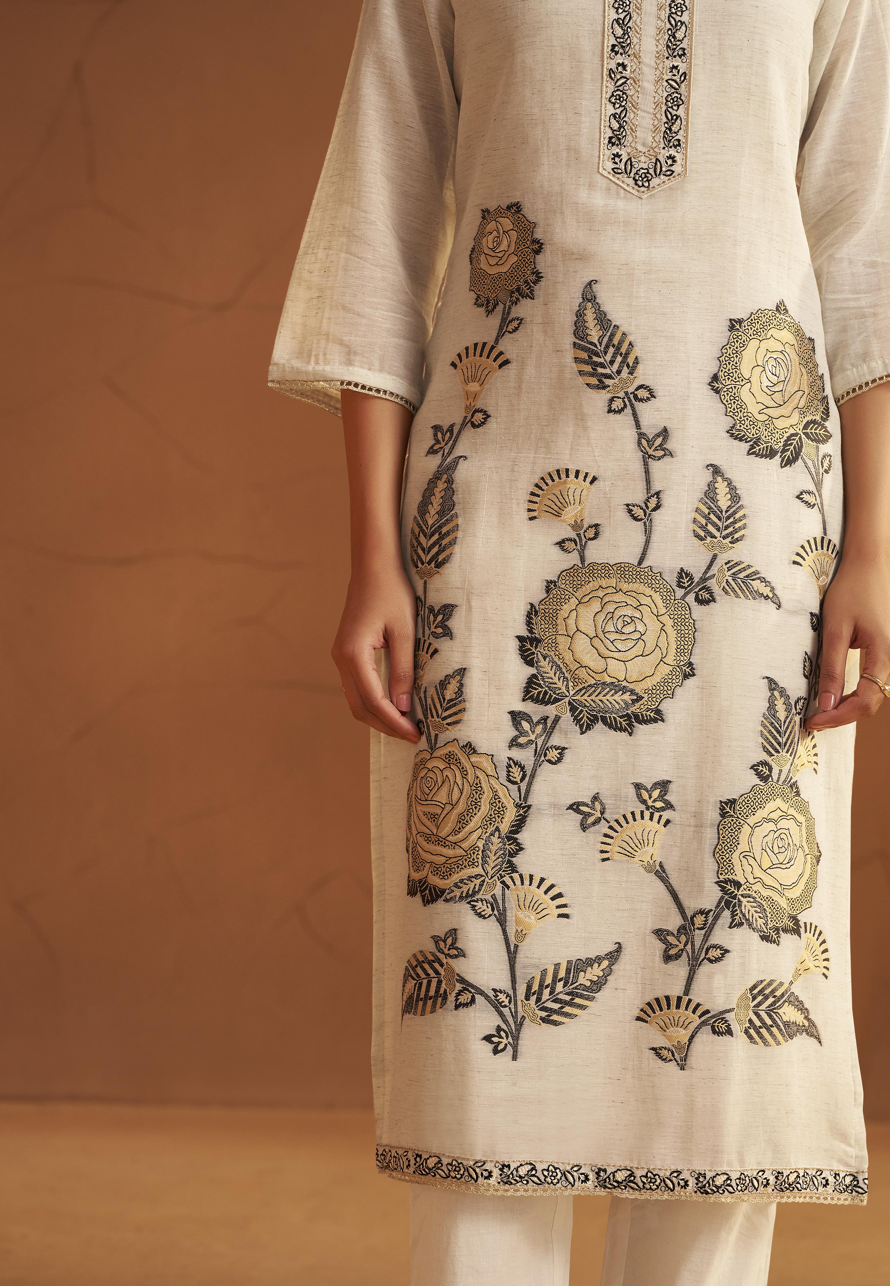 Greige White Linen Cotton Jacquard Kurta Set