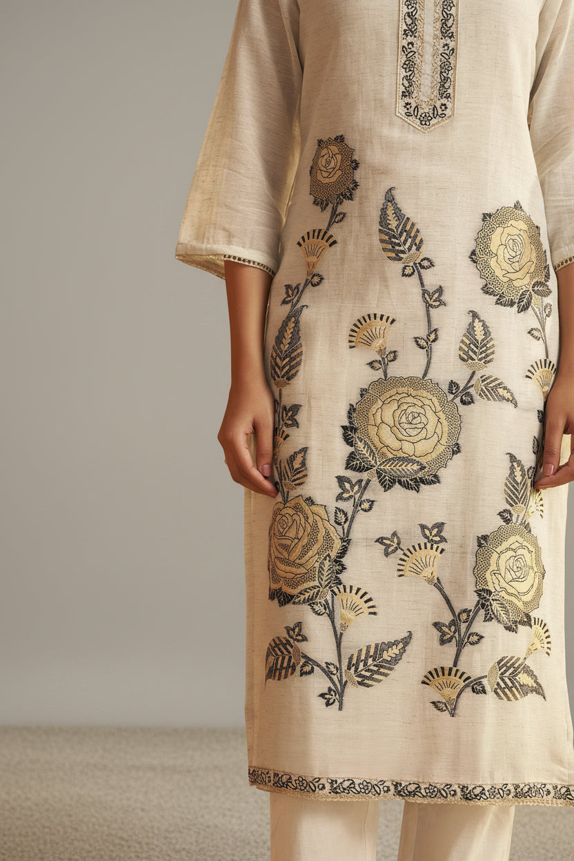 Greige White Linen Cotton Jacquard Kurta Set