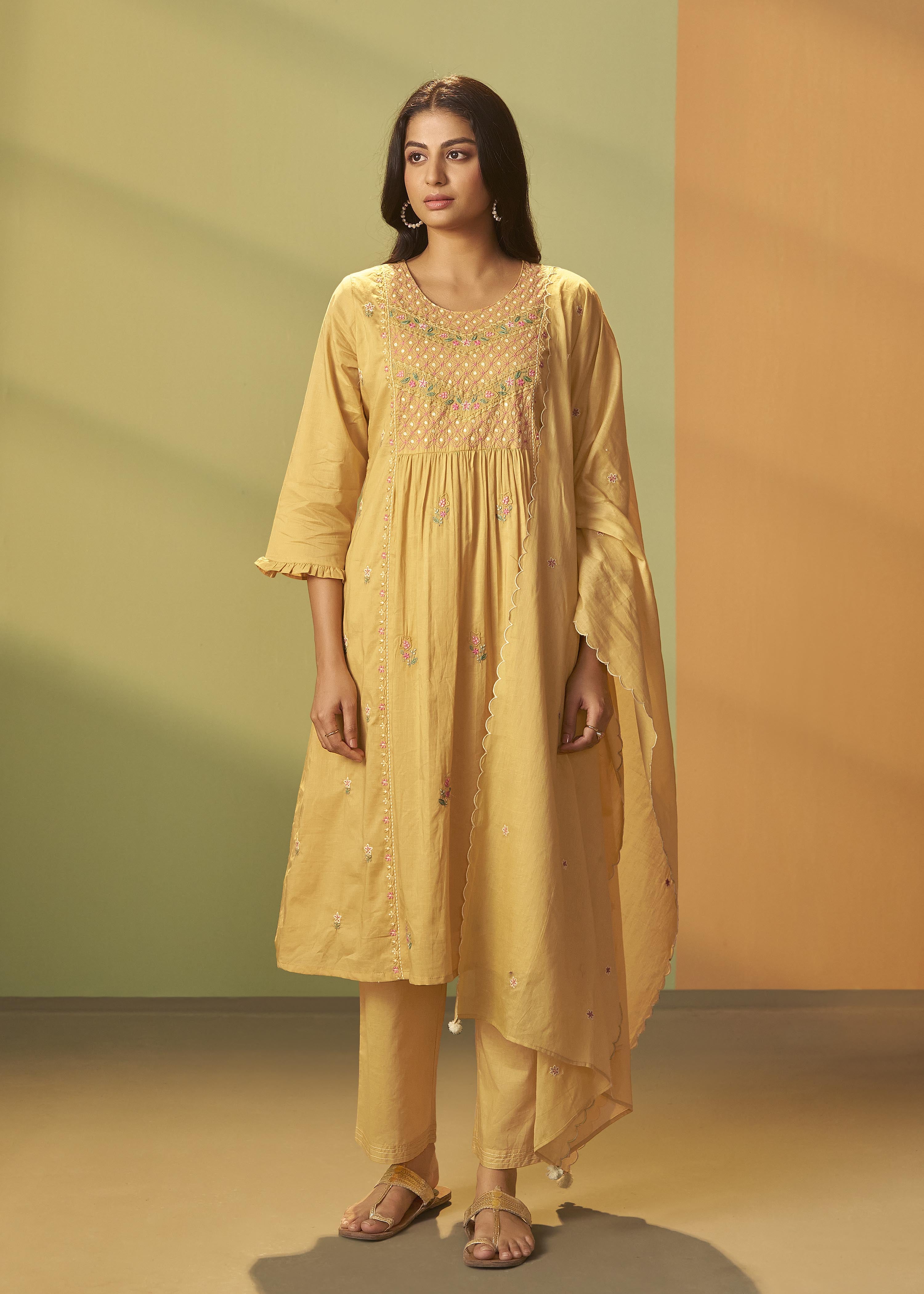 Pastel Yellow A-Line Cotton Embroidery Kurta Set