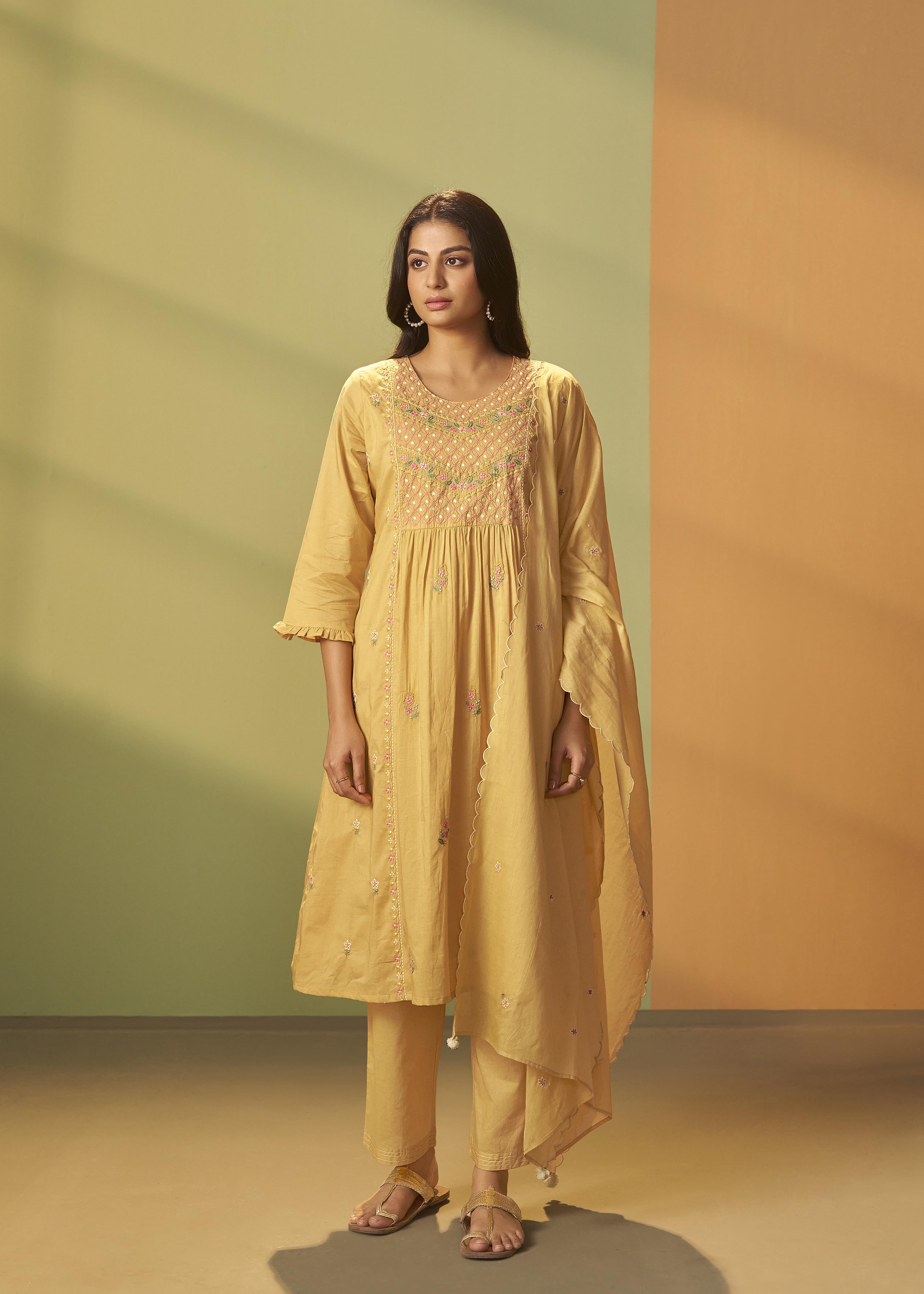 Pastel Yellow A-Line Cotton Embroidery Kurta Set