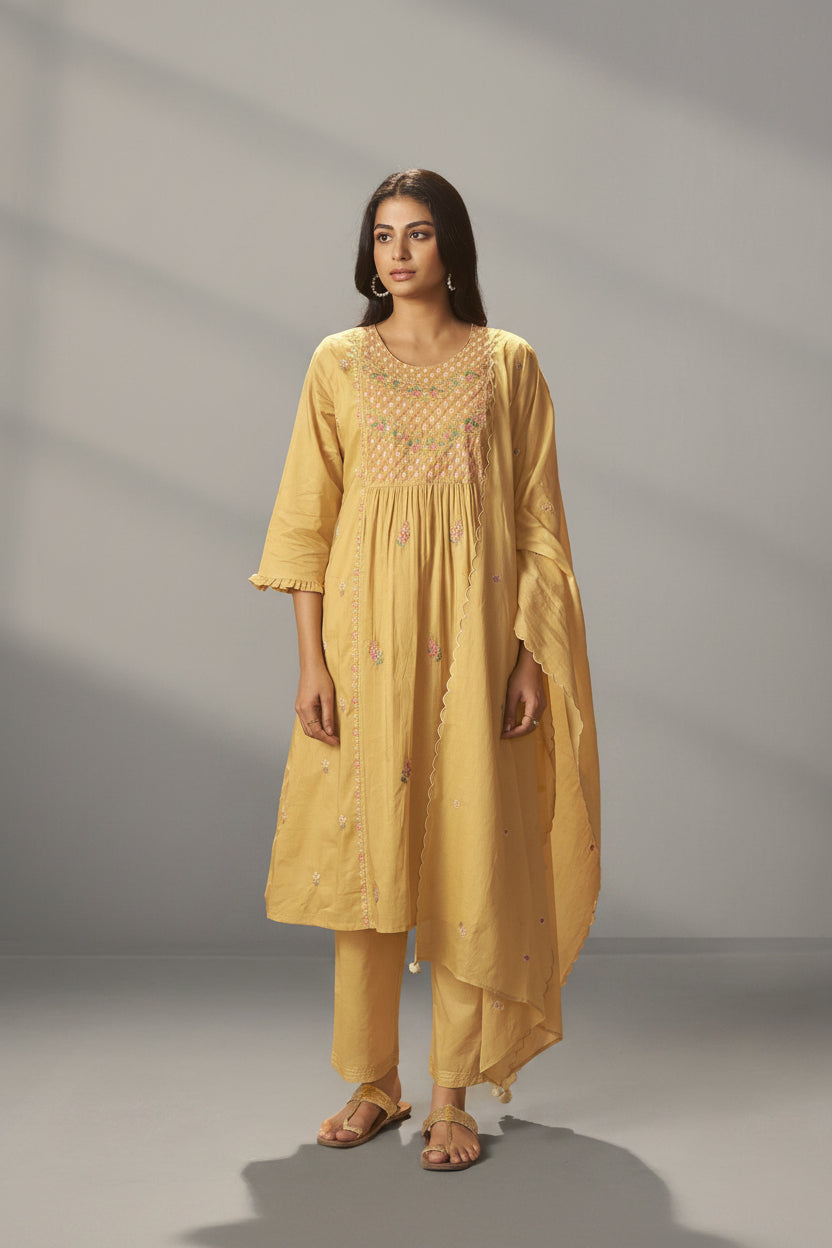 Pastel Yellow A-Line Cotton Embroidery Kurta Set