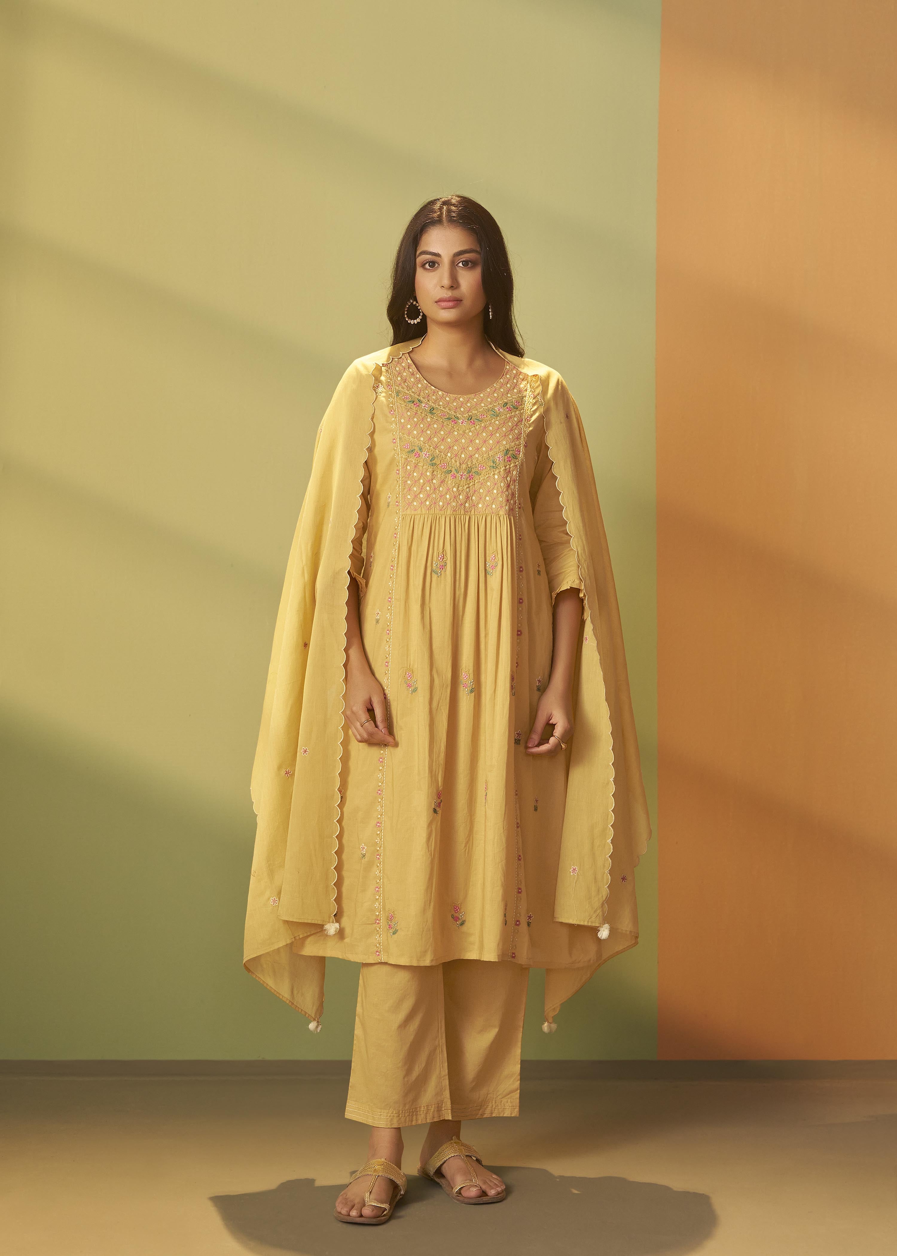 Pastel Yellow A-Line Cotton Embroidery Kurta Set