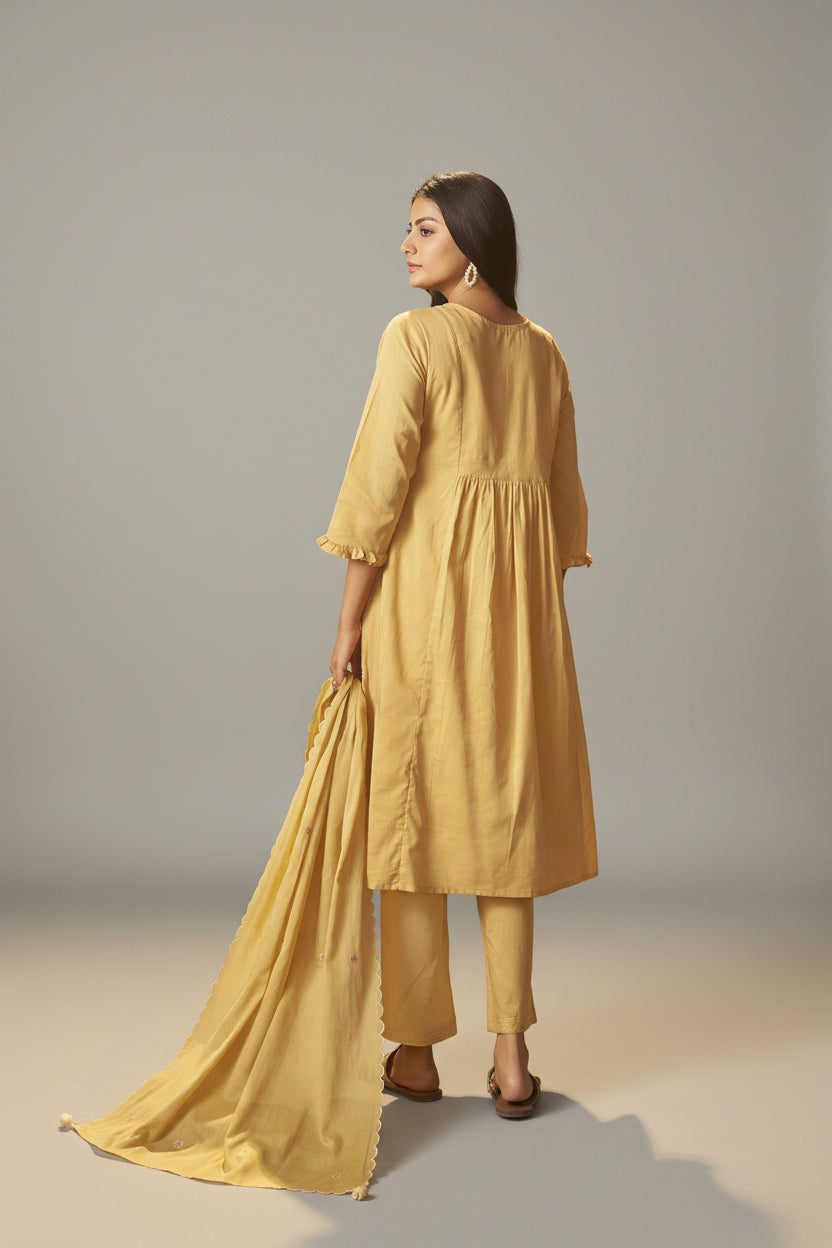 Pastel Yellow A-Line Cotton Embroidery Kurta Set