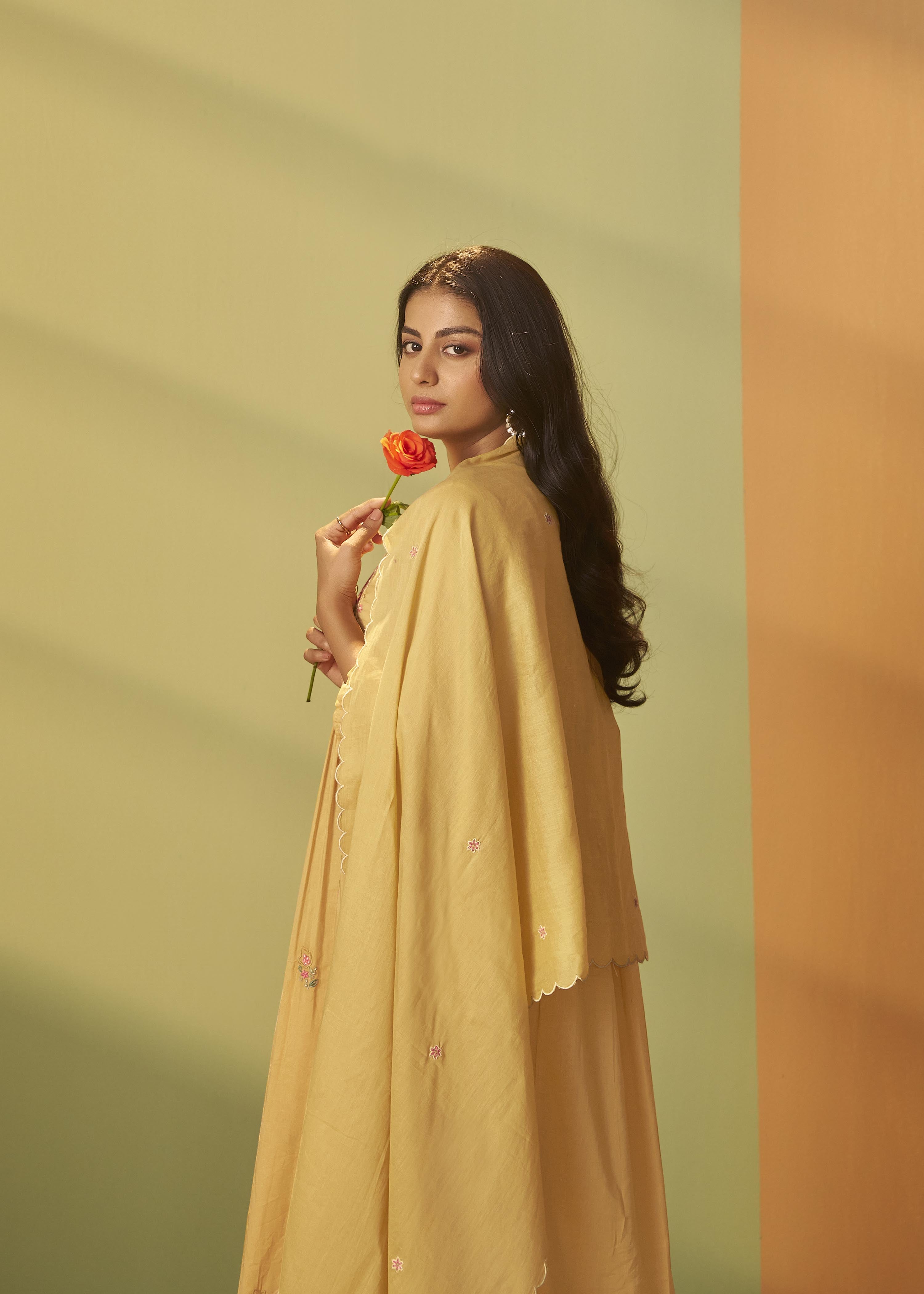 Pastel Yellow A-Line Cotton Embroidery Kurta Set