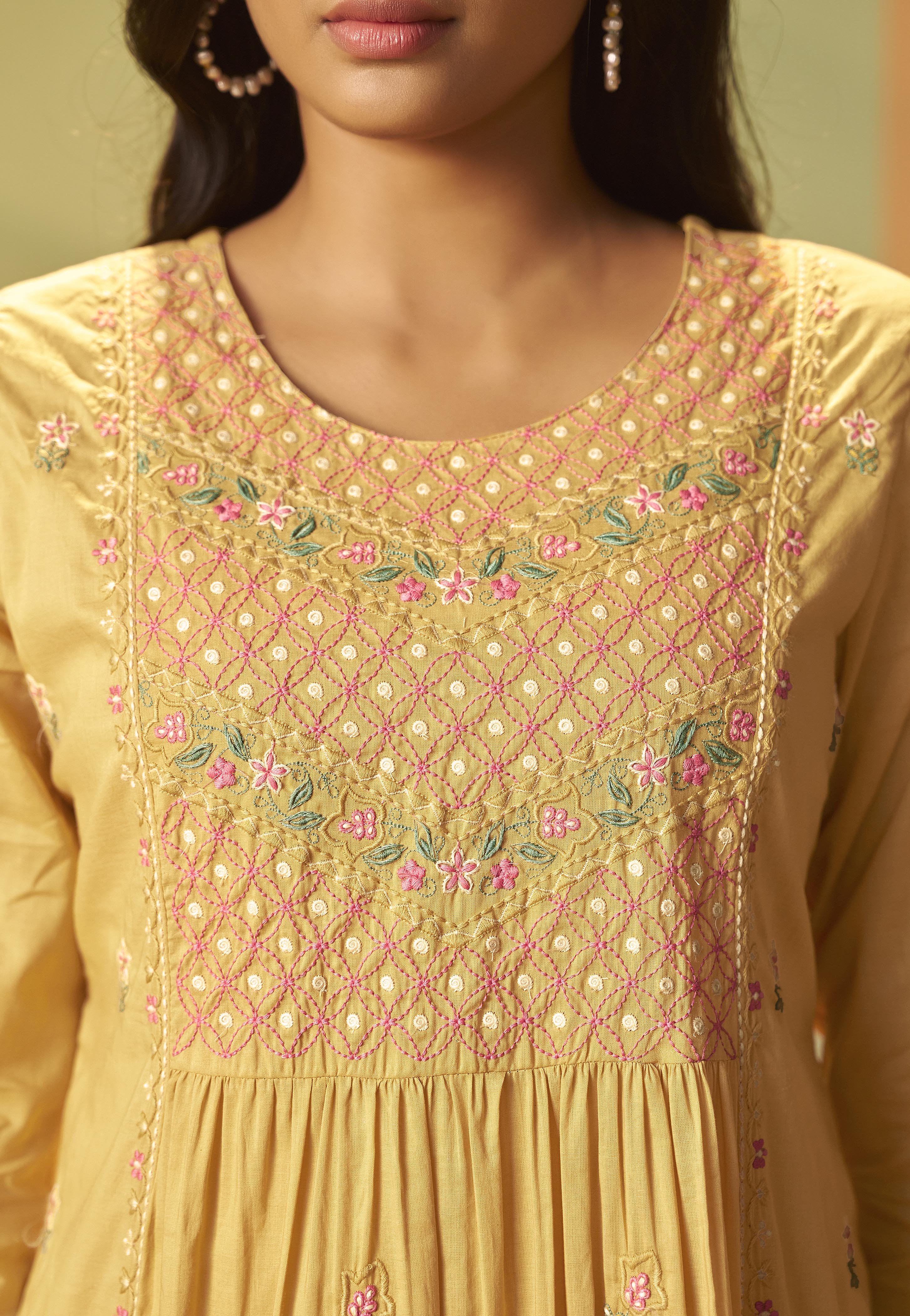 Pastel Yellow A-Line Cotton Embroidery Kurta Set